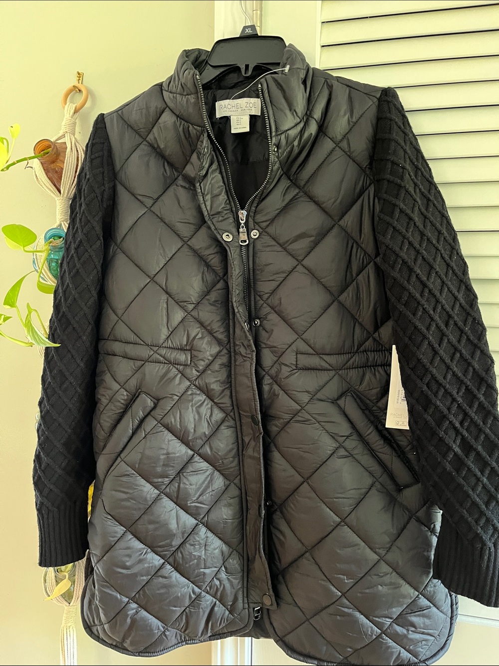 Rachel Zoe Black Quilted Puffer Coat with Knit Sleeves